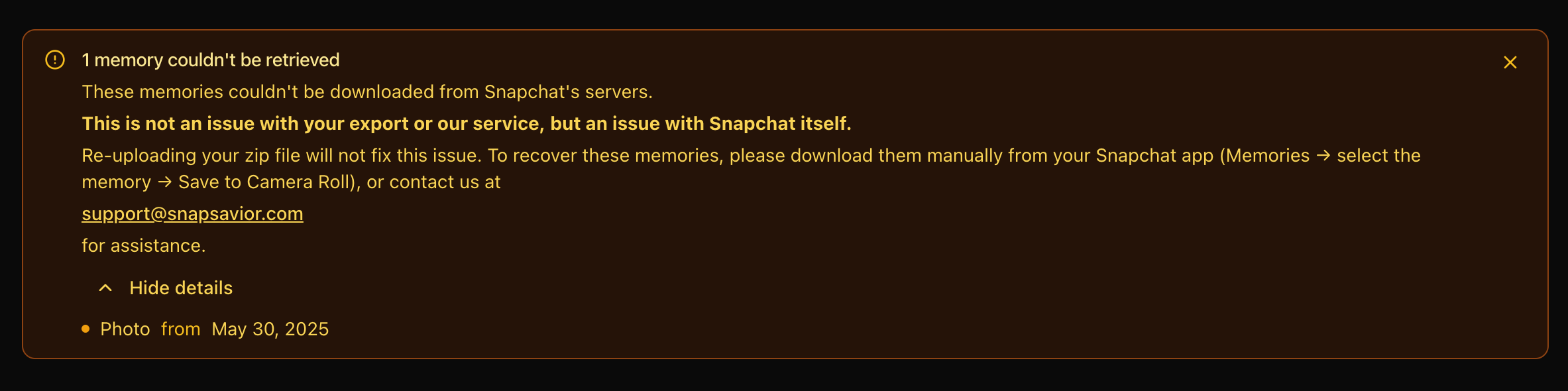 SnapSavior failed memories report showing date, time, and media type