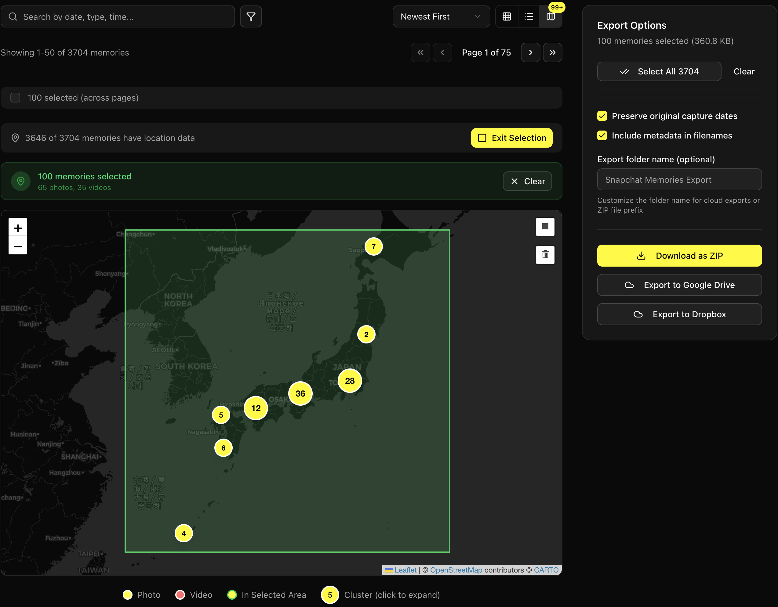 Map view with rectangle drawn around Japan to select memories