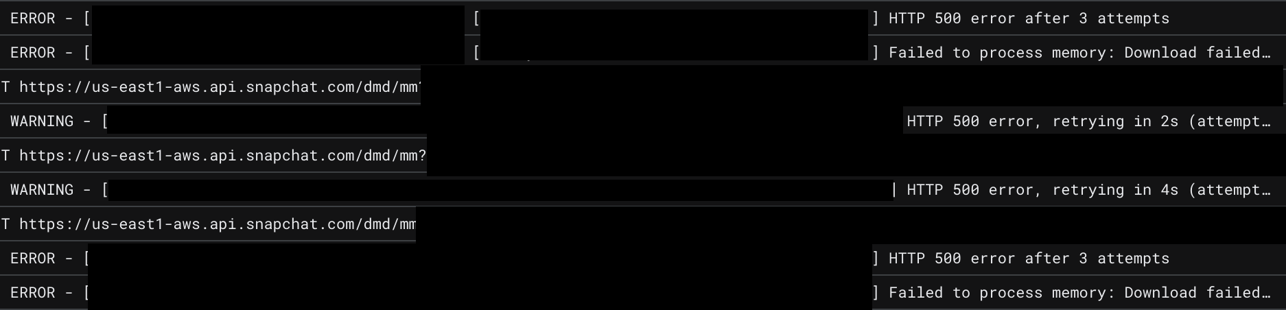 Server logs showing HTTP 500 errors from Snapchat